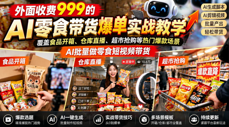 外面收费999的AI零食带货爆单实战教学，覆盖食品开箱、仓库直播、超市抢购等热门爆款场景，AI批量做零食短视频带货-多金部落-社群网课资源站