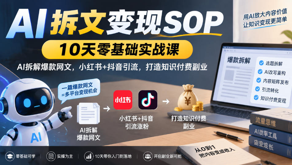 AI拆文变现SOP｜10天零基础实战课，AI拆解爆款网文，小红书+抖音引流，打造知识付费副业-多金部落-社群网课资源站