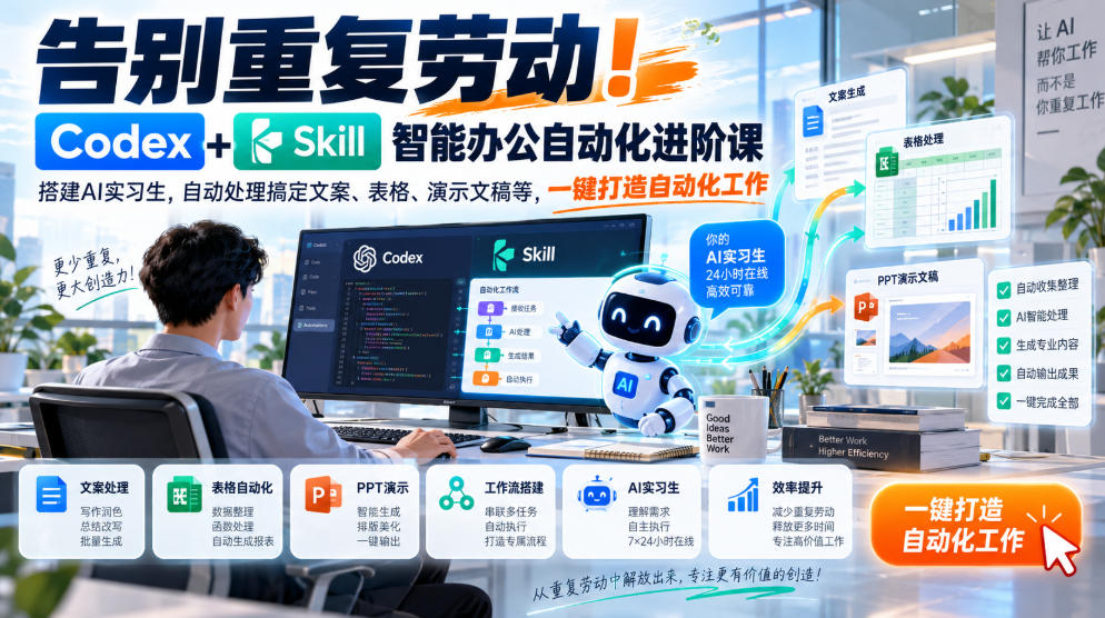 告别重复劳动！Codex+Skill智能办公自动化进阶课｜搭建AI实习生，自动处理搞定文案、表格、演示文稿等，一键打造自动化工作-多金部落-社群网课资源站