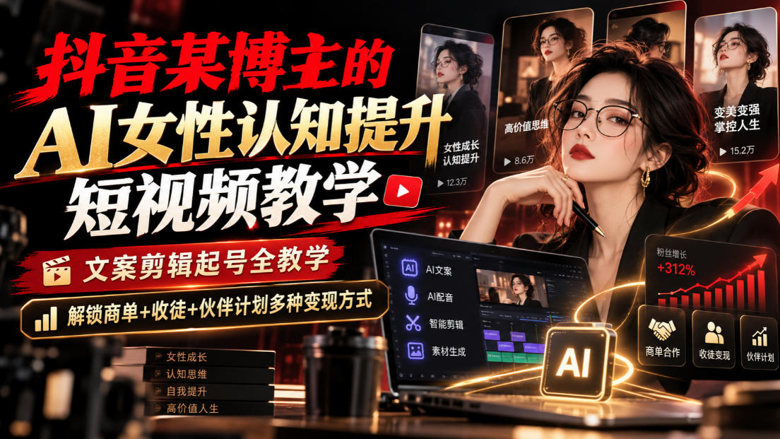 抖音某博主的Ai女性认知提升短视频教学,文案剪辑起号全教学,解锁商单+收徒+伙伴计划多种变现方式