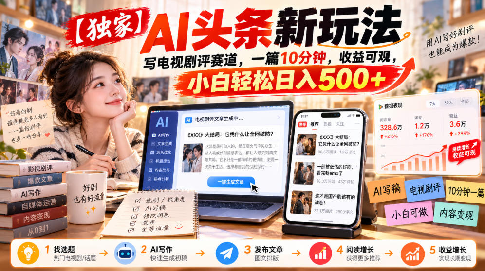 【独家】AI头条新玩法，写电视剧评赛道，一篇10分钟，收益可观，小白轻松日入500+-多金部落-社群网课资源站
