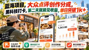 蓝海项目，大众点评创作分成，黑科技打卡，第二天就能见收益，单日突破1k+【揭秘】-第一资源库