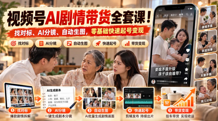 视频号AI剧情带货全套课！找对标、AI分镜、自动生图，零基础快速起号变现-多金部落-社群网课资源站