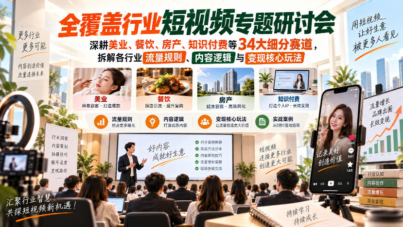短视频专题研讨会，深耕美业、餐饮、房产、知识付费等34大细分赛道，拆解各行业流量规则、内容逻辑与变现核心玩法（更新1011）-第一资源库