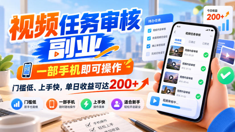 视频任务审核副业,一部手机即可操作,门槛低、上手快,单日收益可达200+【揭秘】