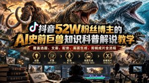 抖音52W粉丝博主的AI史前巨兽知识科普解说教学，覆盖选题、文案、配音、画面生成、剪辑成片全流程-第一资源库
