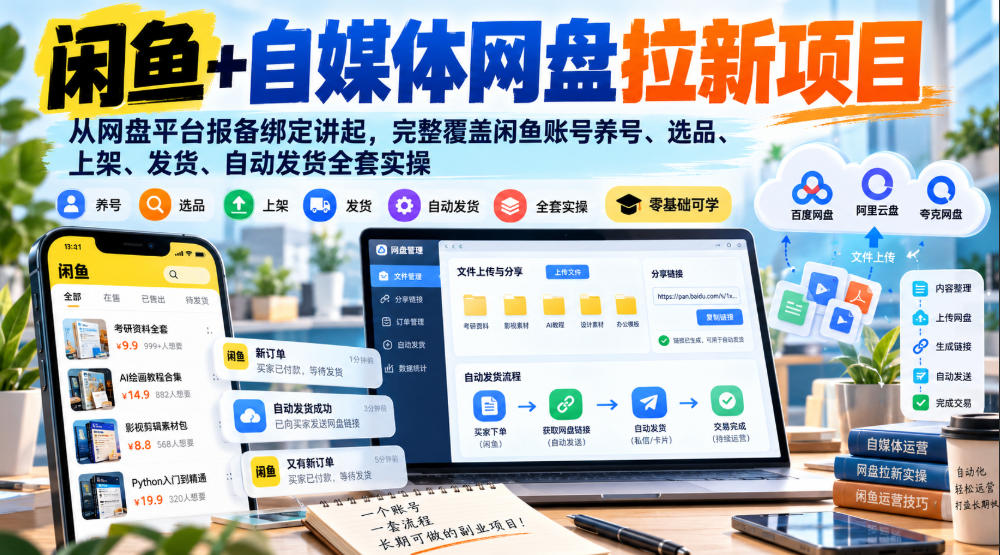 闲鱼+自媒体网盘拉新项目，从网盘平台报备绑定讲起，完整覆盖闲鱼账号养号、选品、上架、发货、自动发货全套实操-第一资源库