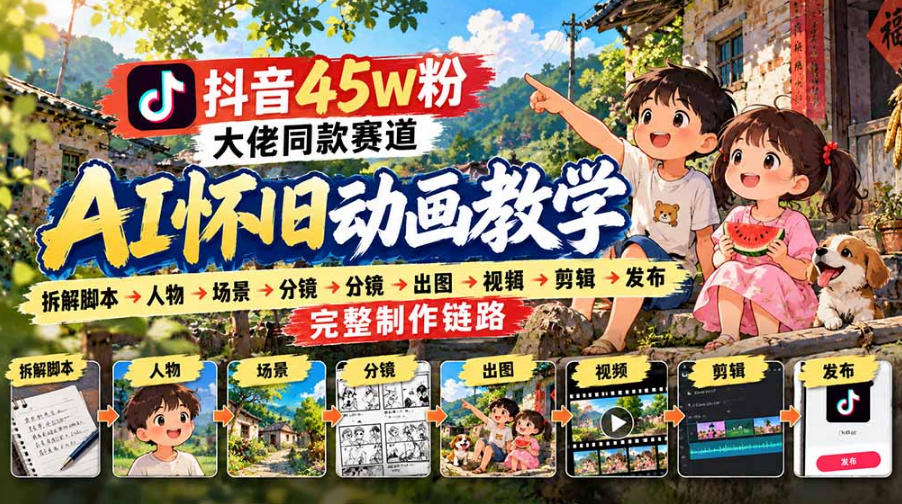 抖音45W粉大佬同款赛道AI怀旧动画实战课：拆解脚本→人物→场景→分镜→出图→视频→剪辑→发布完整制作链路-第一资源库