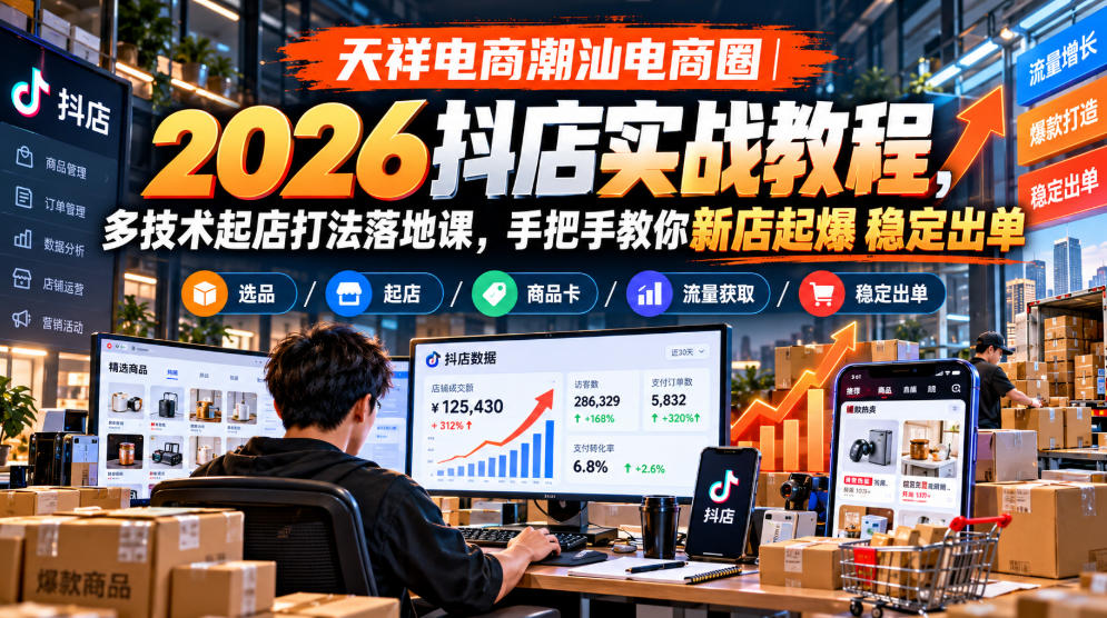 天祥电商潮汕电商圈｜2026抖店实战教程，多技术起店打法落地课，手把手教你新店起爆稳定出单-第一资源库