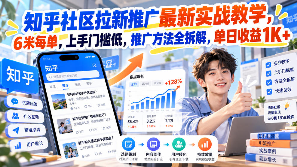 知乎社区拉新推广最新实战教学，6米每单，上手门槛低，推广方法全拆解，单日收益1K+！（更新1030）-第一资源库