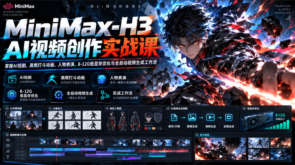 MiniMax-H3 AI视频创作实战课，掌握AI短剧、高燃打斗动画、人物表演、8-12G低显存优化与全自动视频生成工作流-第一资源库