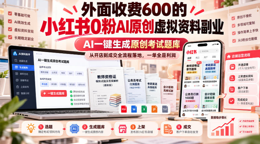外面收费600的小红书0粉AI原创虚拟资料副业，AI一键生成原创考试题库，从开店到成交全流程落地，一单全是利润-第一资源库