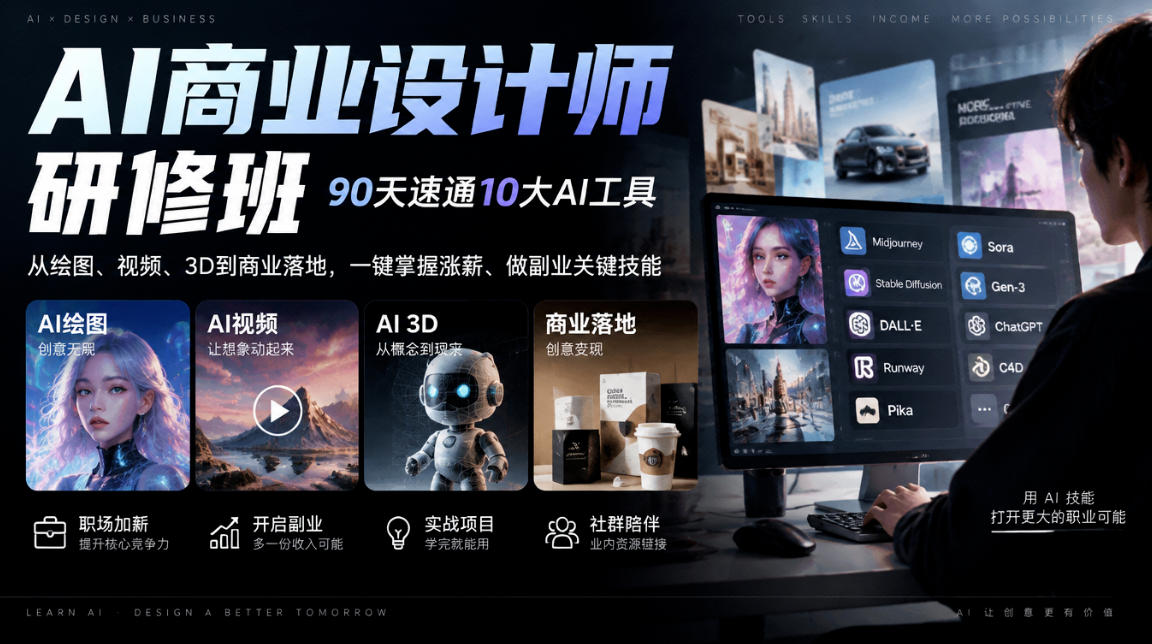 AI商业设计师研修班，90天速通10大AI工具，从绘图、视频、3D到商业落地，一键掌握涨薪、做副业关键技能-第一资源库