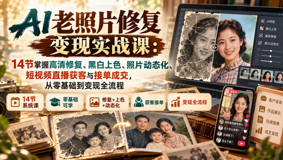 AI老照片修复变现实战课：14节掌握高清修复、黑白上色、照片动态化、短视频直播获客与接单成交，从零基础到变现全流程-第一资源库