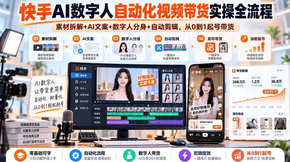快手AI数字人自动化视频带货实操全流程｜素材拆解+AI文案+数字人分身+自动剪辑，从0到1起号带货（更新26年）-多金部落-社群网课资源站
