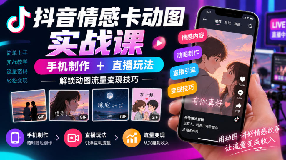 抖音情感卡动图实战课｜手机制作+直播玩法，解锁动图流量变现技巧-第一资源库